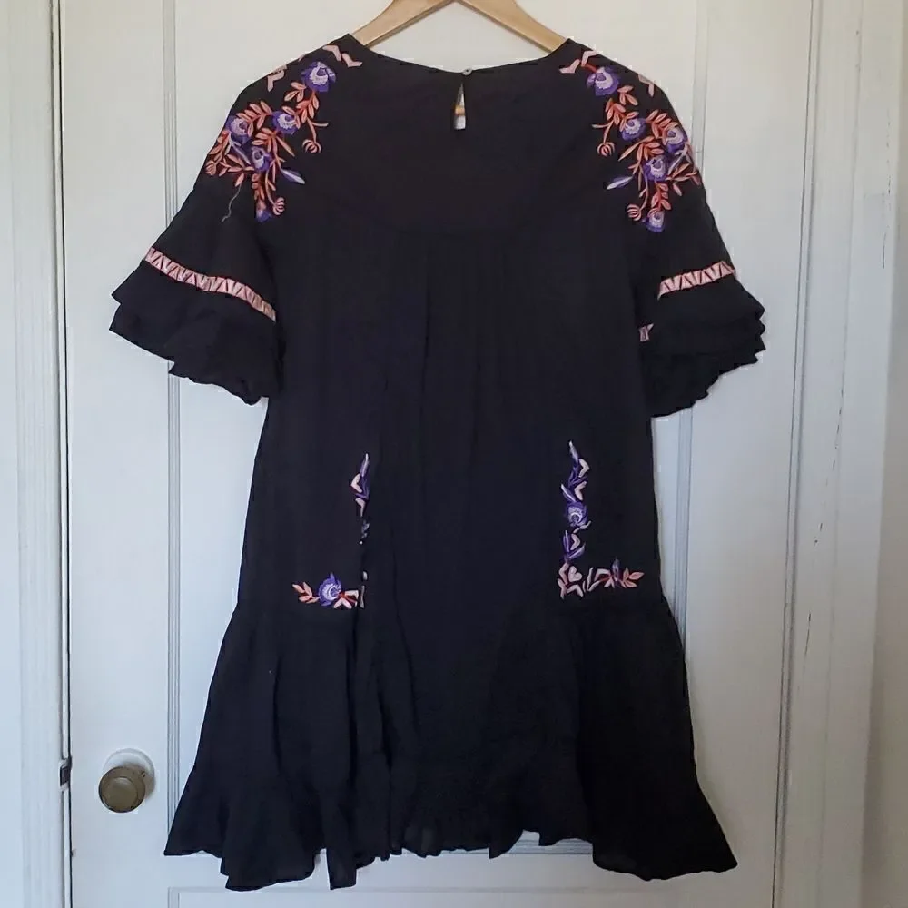 Free People Pavlo Babydoll Black Embroidered Dress Size S